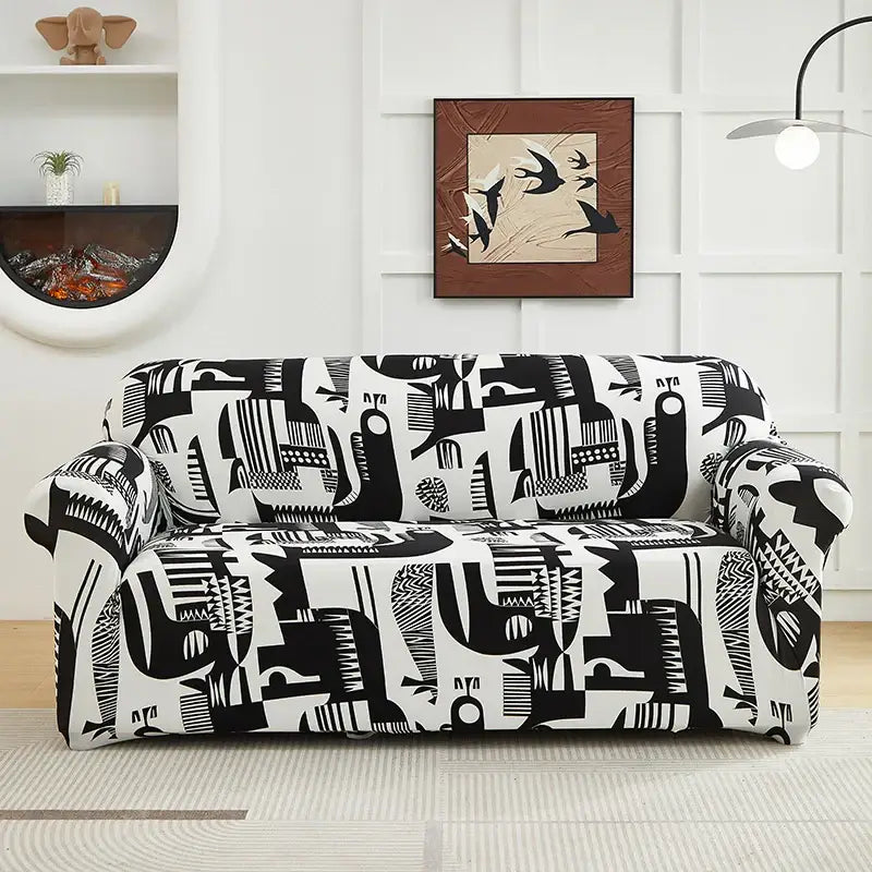 Black and white patchwork mandala printed stretch sofa cover with abstract patterns for living room slipcover use