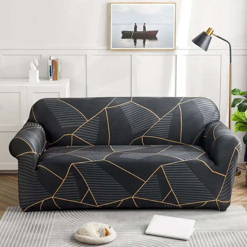 Black sofa cover with geometric gold lines and gray stripes stretch fabric for living room slipcover use