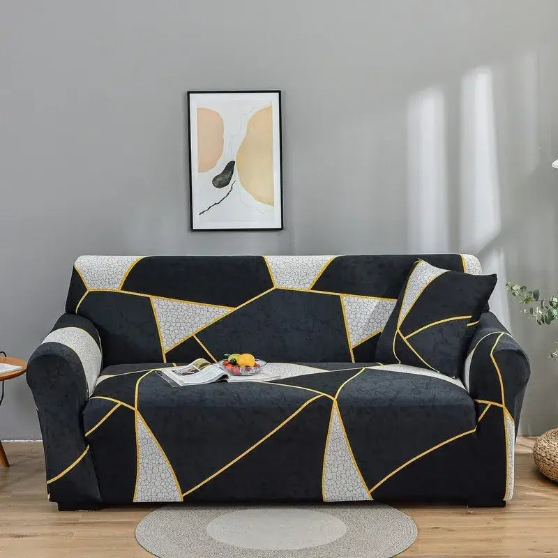 Black stretch sofa cover with gold and light gray geometric patchwork mandala pattern for living room slipcover