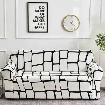 Black and white geometric patterned stretch sofa cover with patchwork mandala print for living room slipcover use