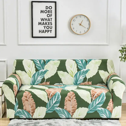Green sofa cover with vibrant teal cream and brown tropical leaf pattern for patchwork mandala stretch slipcover