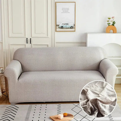 Beige textured fabric stretch sofa cover with patchwork mandala print for living room slipcover use