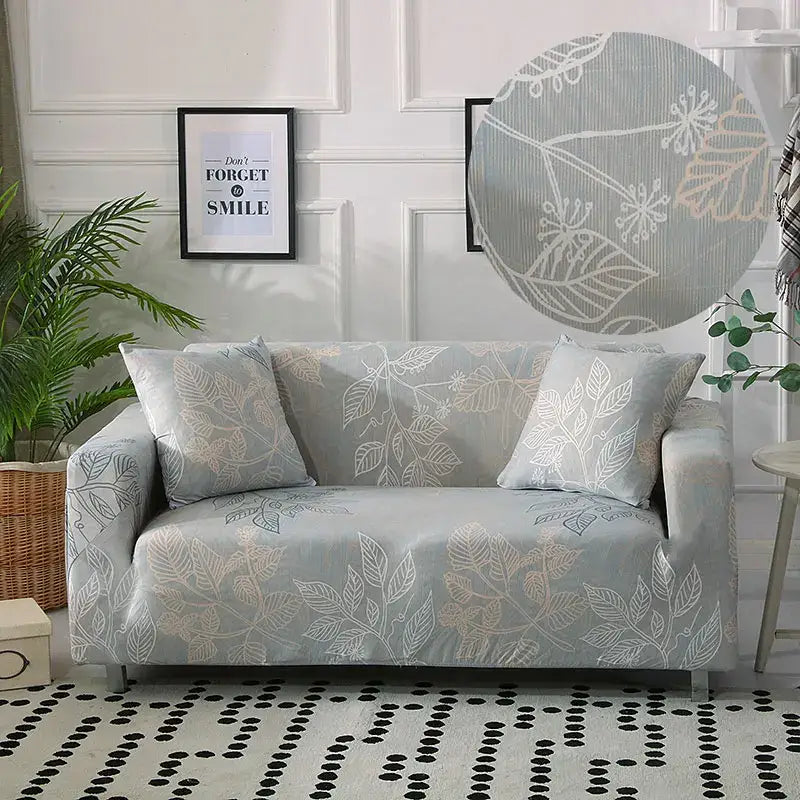 Light gray stretch sofa cover with white and beige leaf patterns for living room patchwork mandala slipcover