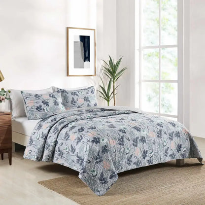 Gray and blue floral coverlet bedding set with subtle pink accents and soft textured fabric for bedroom use