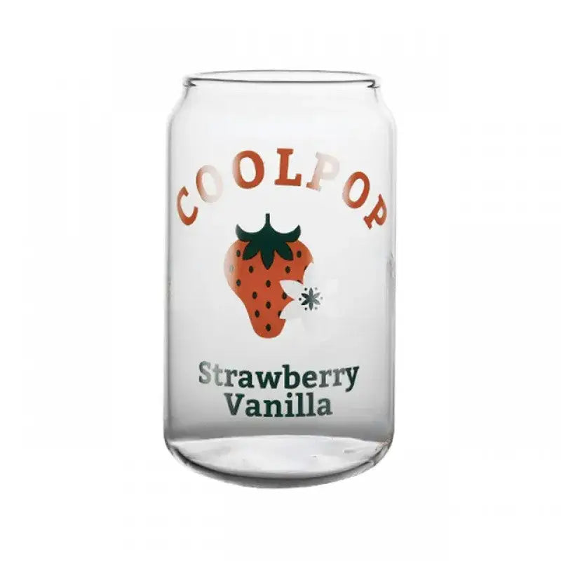 Clear glass cup shaped like a soda can with orange coolpop lettering and strawberry vanilla fruit prints