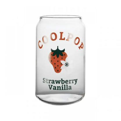 Clear glass cup shaped like a soda can with orange coolpop lettering and strawberry vanilla fruit prints