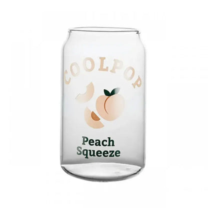 Clear glass cup shaped like a soda can with peach fruit prints and coolpop lettering for dining room use