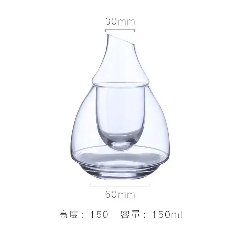 Clear glass pear shaped wine decanter and ice jug set with integrated measuring cup for dining room decor