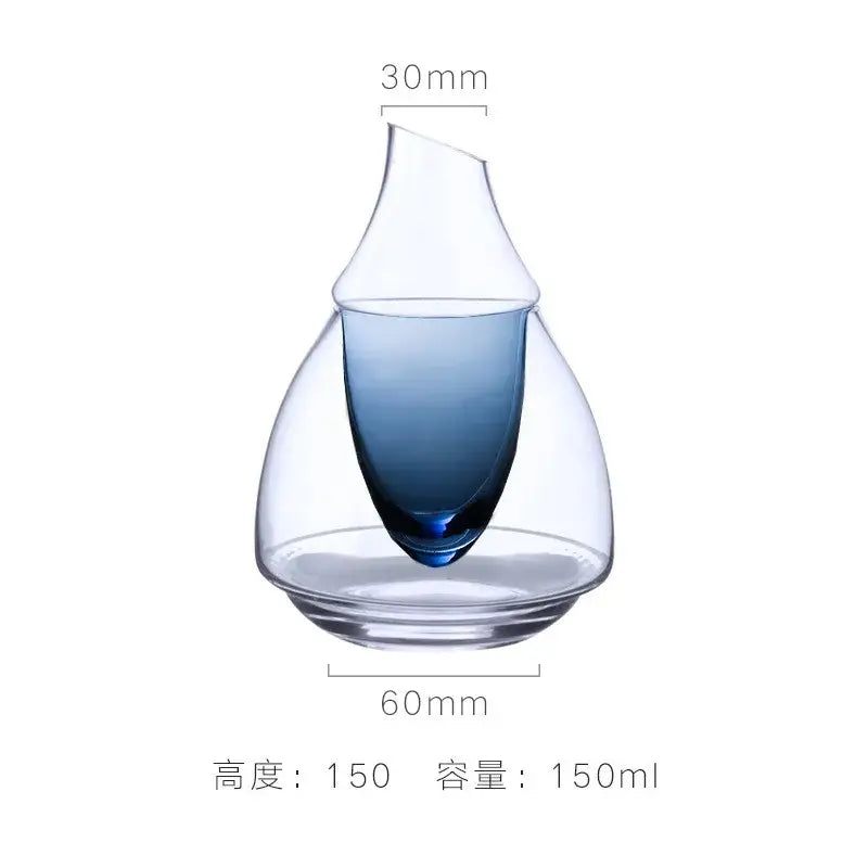 Pear shaped glass wine decanter and ice jug set featuring a sleek transparent design with gradient blue interior and curved spout