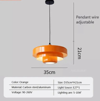 Orange pendant lighting with layered circular design made of carbon steel and aluminum in Bauhaus style retro pendant lamp