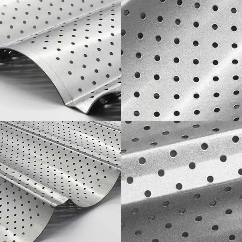 Silver perforated metal wave bread pan with black non-stick coating and ridged wavy design for baking bread