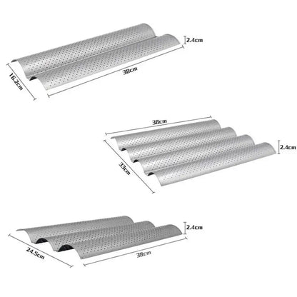 Perforated silver and black wave bread pan with wavy design made of metal for non-stick baking use