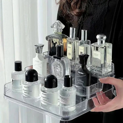 Decorbites™ clear acrylic 3 tier perfume and cosmetic organizer stand storage rack with multiple compartments compact size