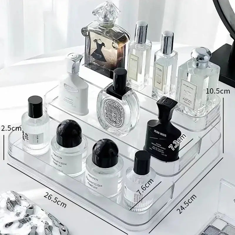 DecorBites™ clear acrylic two-tiered perfume storage rack with precise compartments for compact cosmetic organizer use