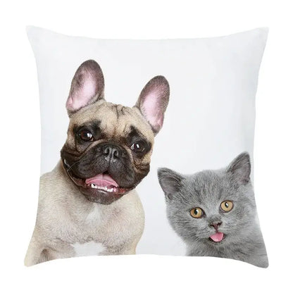 White throw pillow with a peach skin pillowcase featuring a fawn french bulldog and gray british shorthair kitten print