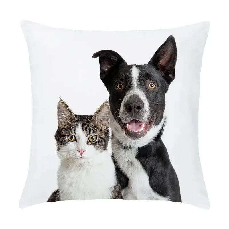 White throw pillow with a peach skin pillowcase featuring a black and white dog and tabby cat print for living room decor
