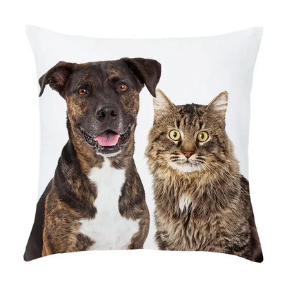 White peach skin pillowcase featuring a brindle and white dog with tongue out next to a fluffy tabby cat for living room decor