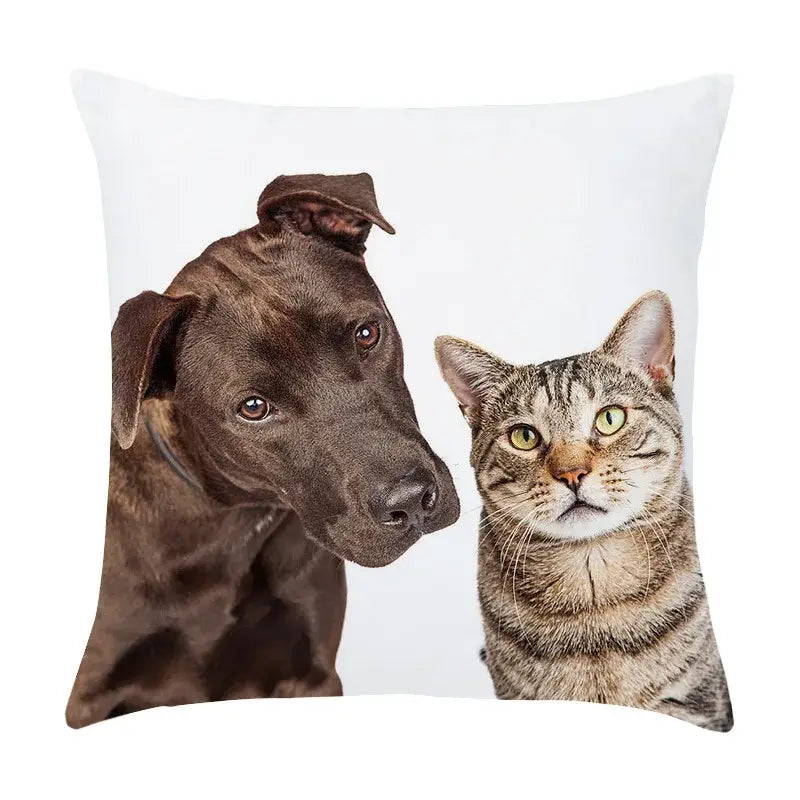 White throw pillow with brown dog and tabby cat print in peach skin pillowcase for living room decor