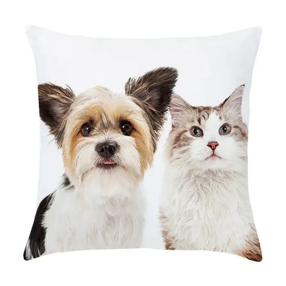 White throw pillow with peach skin pillowcase featuring a detailed print of a tan and black dog and tabby cat