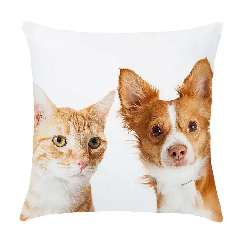 White throw pillow with printed orange tabby cat and brown and white chihuahua on peach skin pillowcase living room decor
