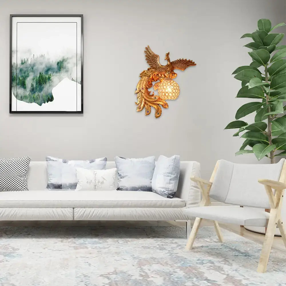 Golden ornamental phoenix wall lamp with intricate feather detailing and glowing honeycomb crystal dome for 220v-240v e26 e27 use