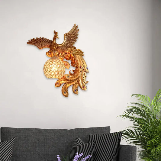 Golden phoenix wall lamp with detailed feathers and illuminated honeycomb crystal dome e26 e27 110v-120v for living room