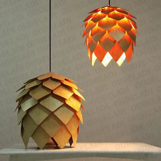 Warm-toned pinecone wooden pendant lights with orange gold gradient finish for dining room decorbites handmade smart