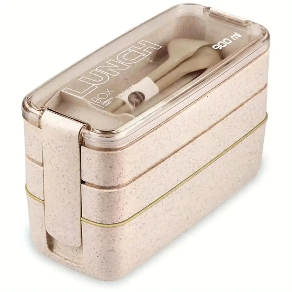Beige speckled three-tiered kids bento box lunchbox with transparent lid and gold trim for kitchen food storage