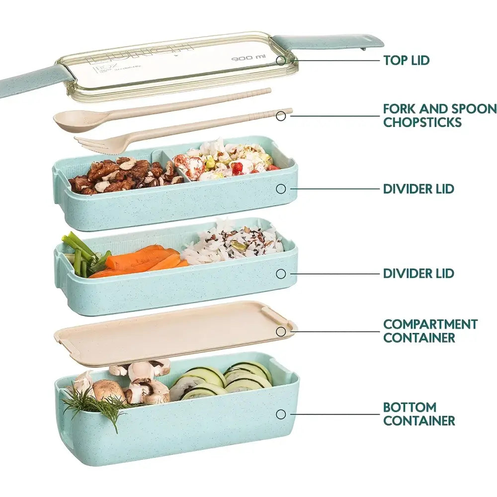 Light blue speckled kids bento box lunchbox with three stacked compartments separated by divider lids for easy food storage
