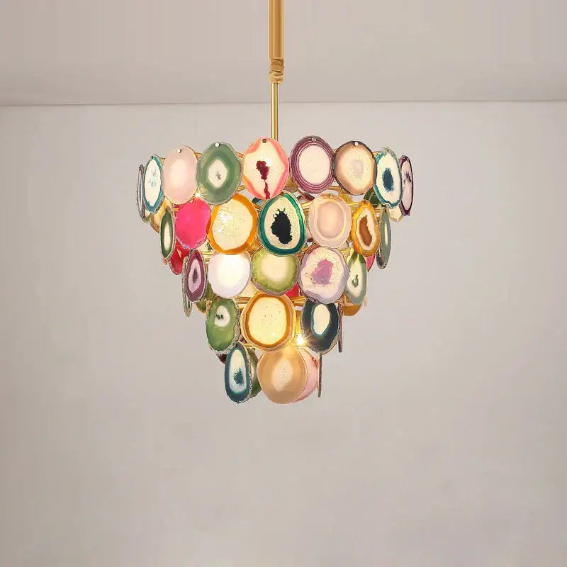 Pink agate decorbites agate designer led chandelier with multi-tiered circular slices suspended by gold rod for dining room decor
