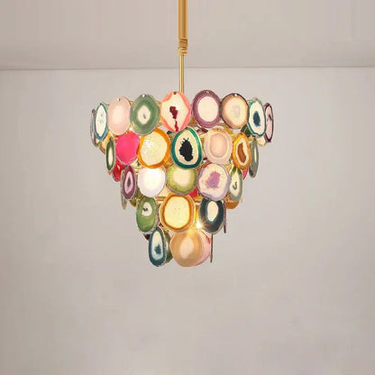 Pink agate decorbites agate designer led chandelier with multi-tiered circular slices suspended by gold rod for dining room decor
