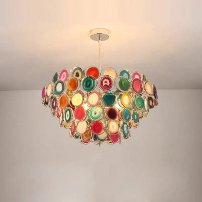 Pink agate designer led chandelier with multi-colored circular agate slices for dining room decorbites agate designer