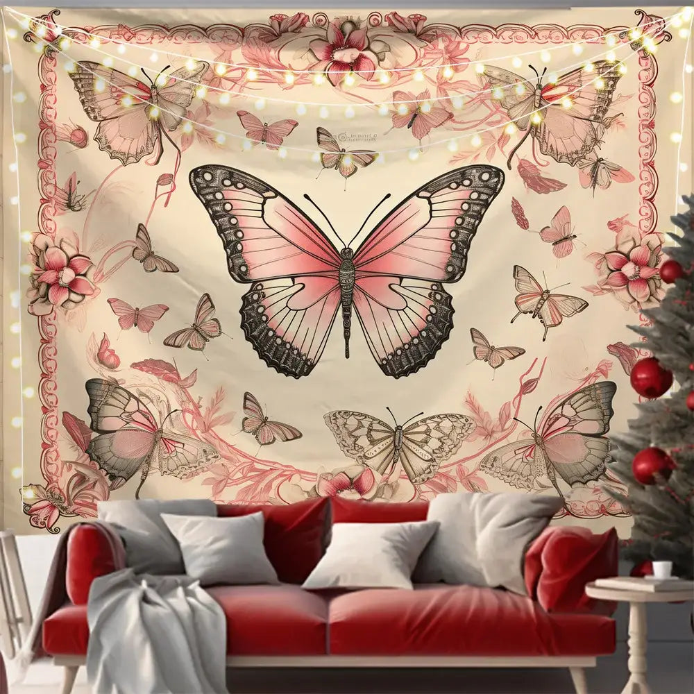 A decorative pink and black butterfly series background cloth with floral patterns hanging above a red sofa for living room