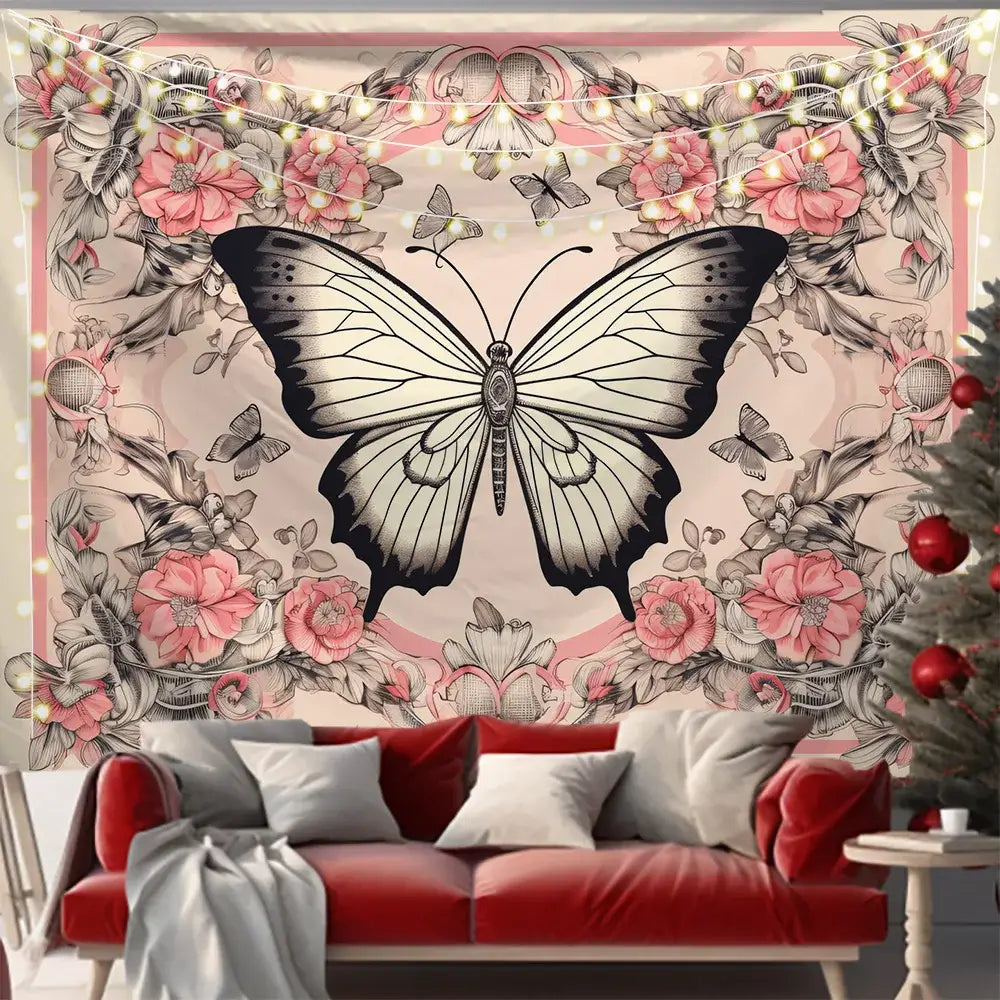 Pink and black butterfly series background cloth featuring a central black and white butterfly with pink and gray floral patterns