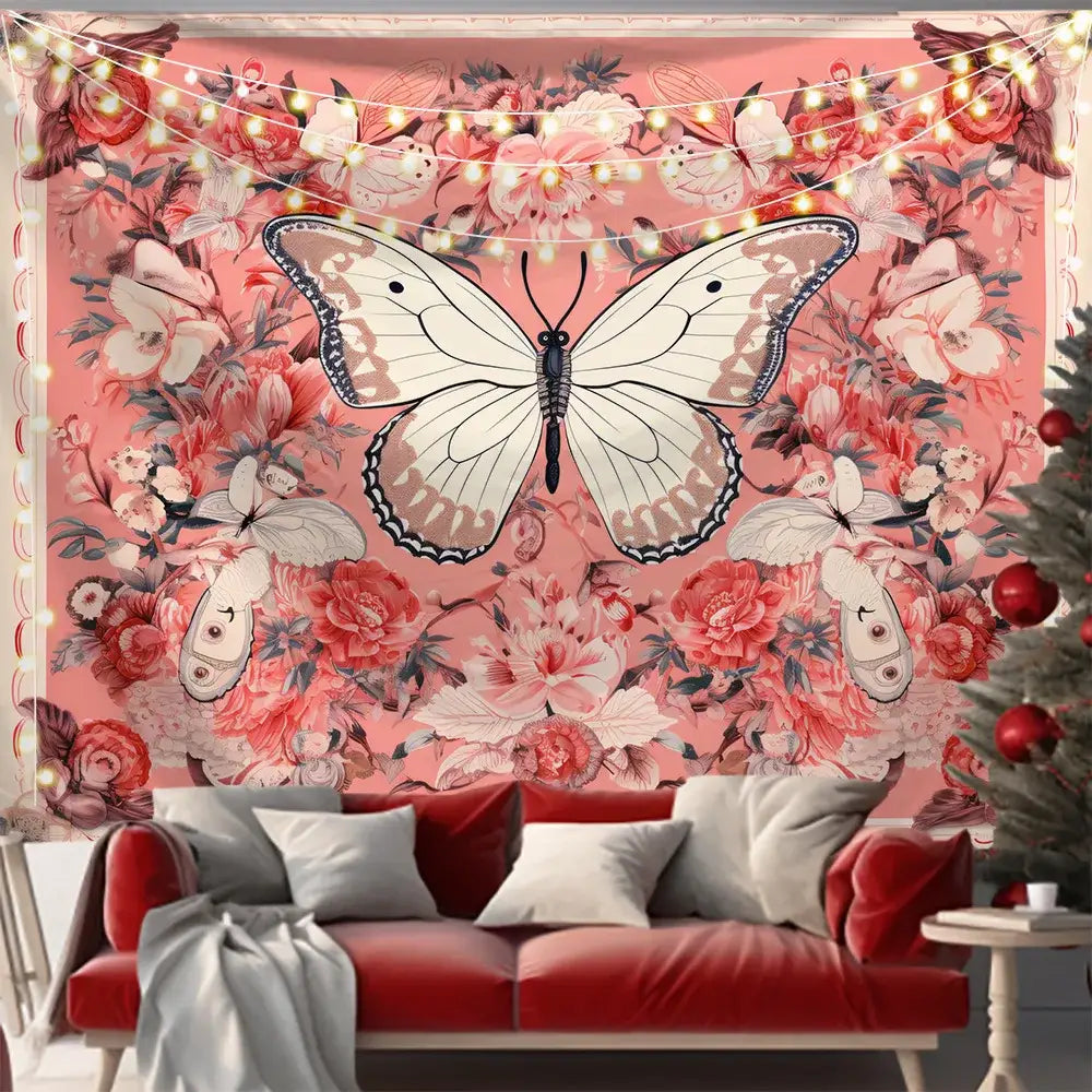 A delicate white butterfly with black edges on a vibrant pink floral series background cloth for living room decor