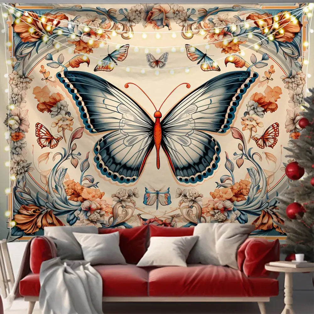 Decorative pink and black butterfly series background cloth featuring a blue and white butterfly with floral patterns