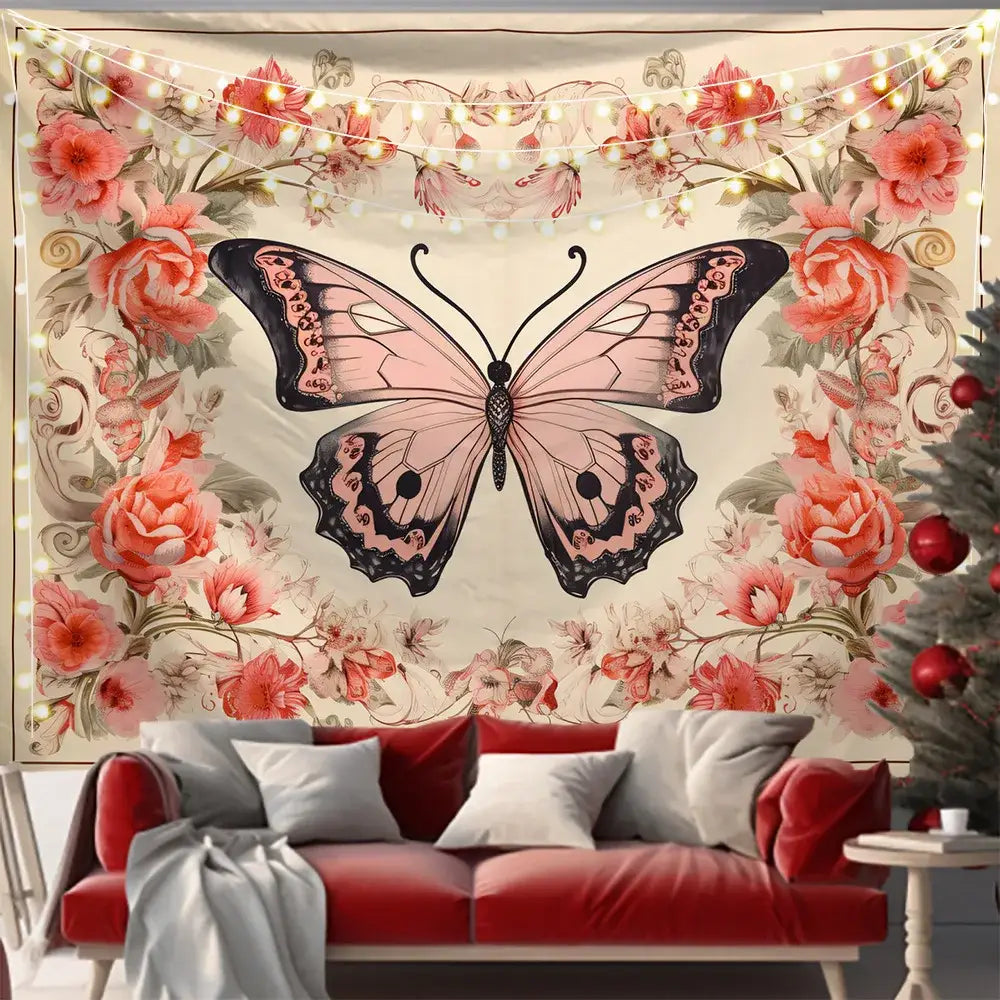 A decorative series background cloth with a pink and black butterfly and coral floral patterns for living room use