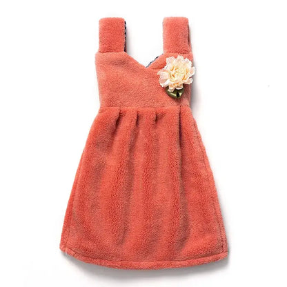 Coral-colored plush hand towel dress with cream flower embellishment for decorbites kids cute kitchen and bathroom use