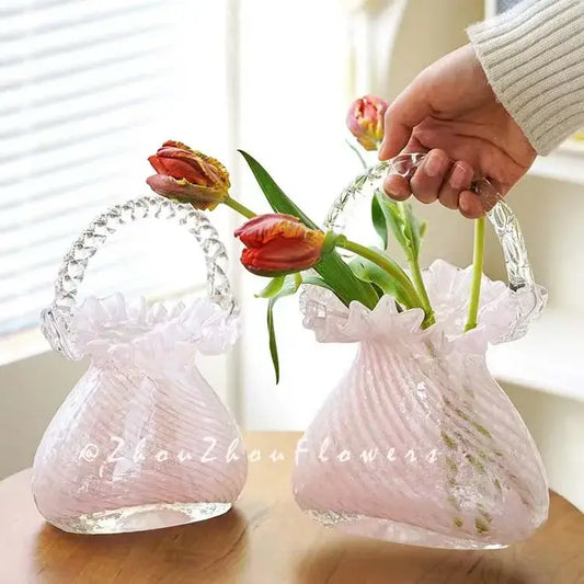 Pink and clear decorbites crystal flower basket vase with twisted handles and ruffled edges for living room decor
