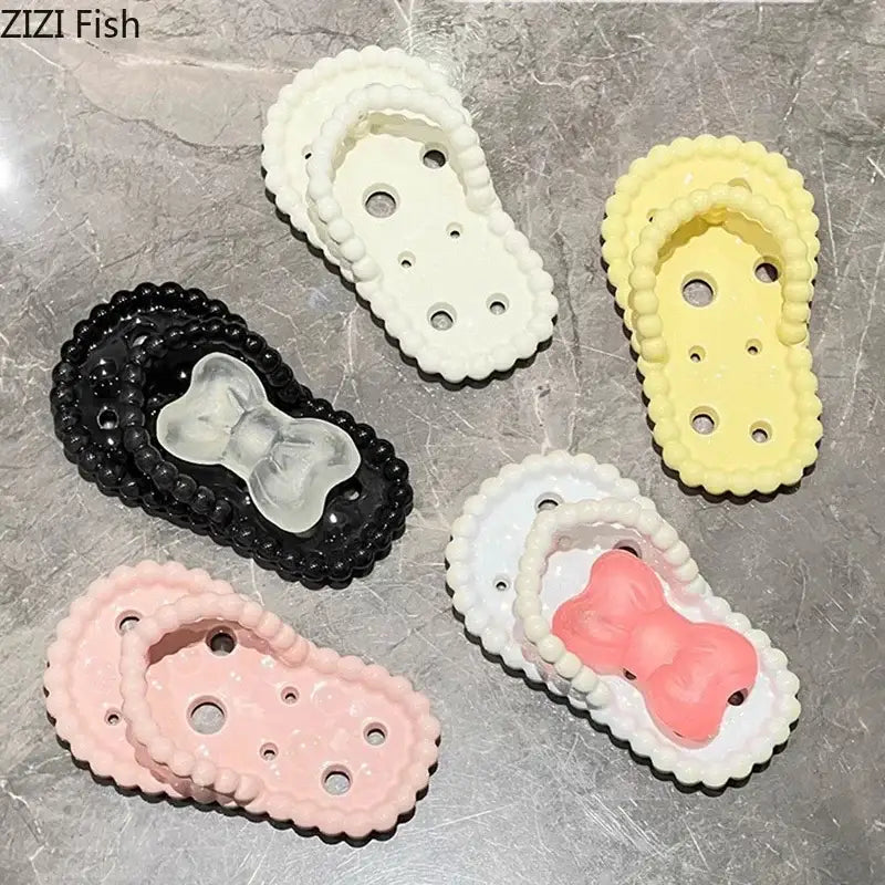 Pink and clear flip flop soap dish drainage rack with pastel resin charms beaded edges and bow accents for bathroom use