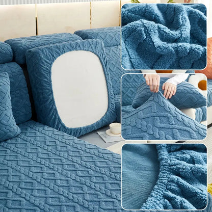 Blue textured fabric cushion cover with plush surface and elastic edge for pink and cream quilted velvet sofa cover