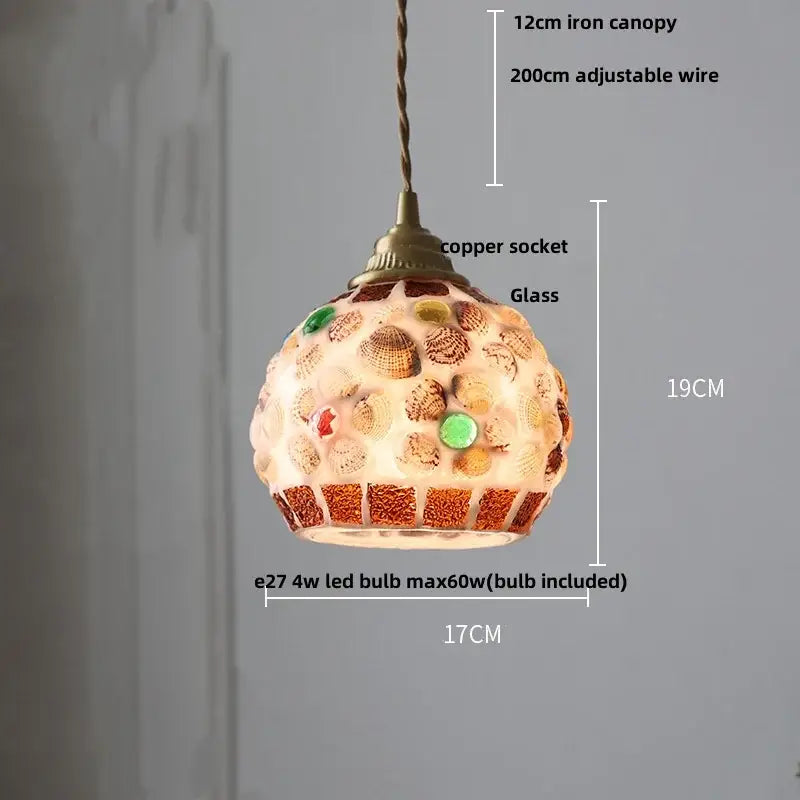 Pink and lavender mosaic glass ball led pendant light featuring seashells and green beads with antique brass socket for kitchen decorbites pendant lights