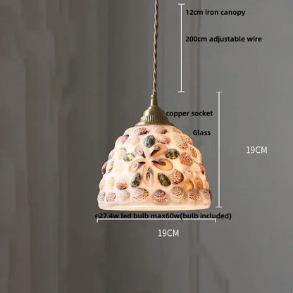 Pink and lavender mosaic glass ball led pendant light with embedded seashells and adjustable iron wire by decorbites pendant lights
