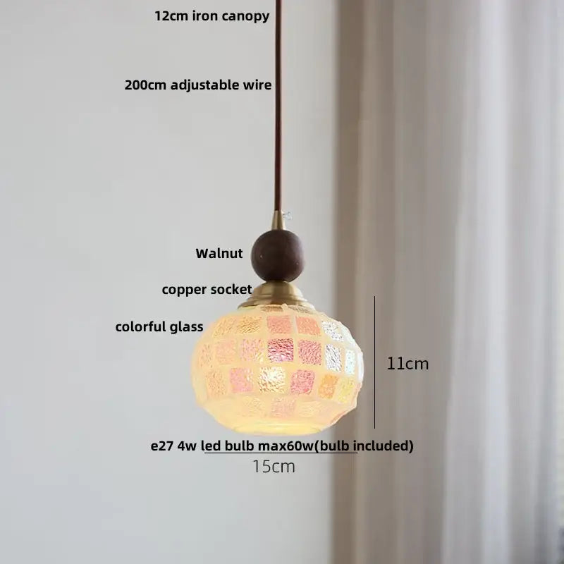 Pink and lavender decorbites glass ball led pendant light with colorful mosaic panels and walnut finial for kitchen decor