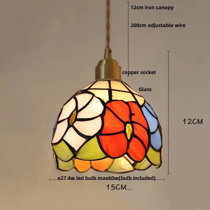 Stained glass pendant lights with floral design in red white blue and green hues from decorbites glass ball led series