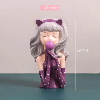 Purple resin bubble gum girl figurine with gray hair and cat ears for decorbites flower vase living room decor
