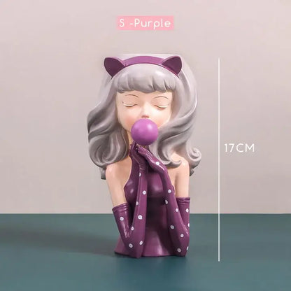 Purple resin bubble gum girl figurine with gray hair and cat ears, pink and purple flower vase decorbites bubble gum design