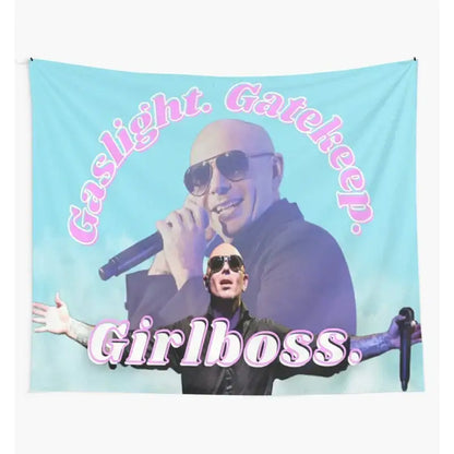 A light blue decorbites bulldog fun tapestry featuring a bald man in sunglasses holding microphones for bedroom decor