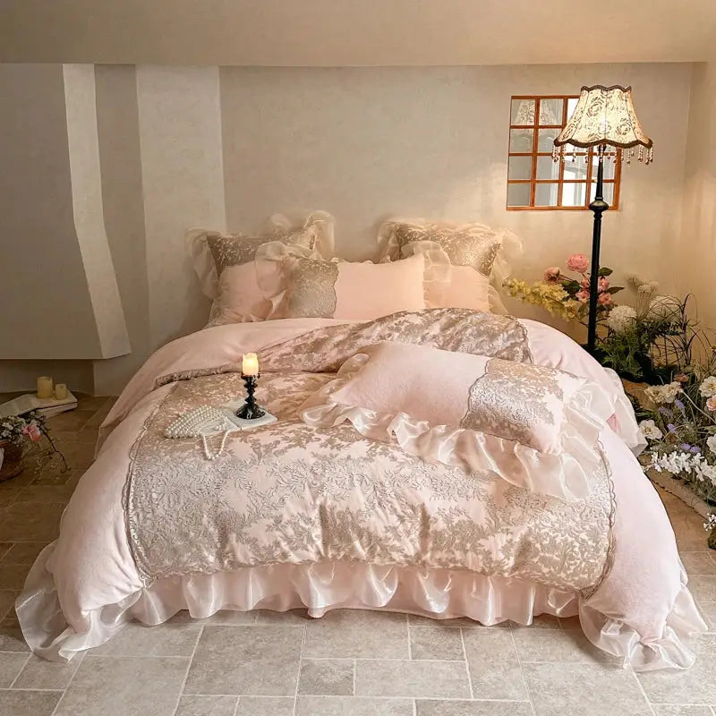 Pink and silver french lace ruffles bedding set with satin edges in decorbites french lace for elegant bedroom decor