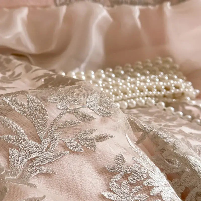 Pink and silver french lace ruffles bedding set with delicate blush pink satin and intricate silver thread embroidery